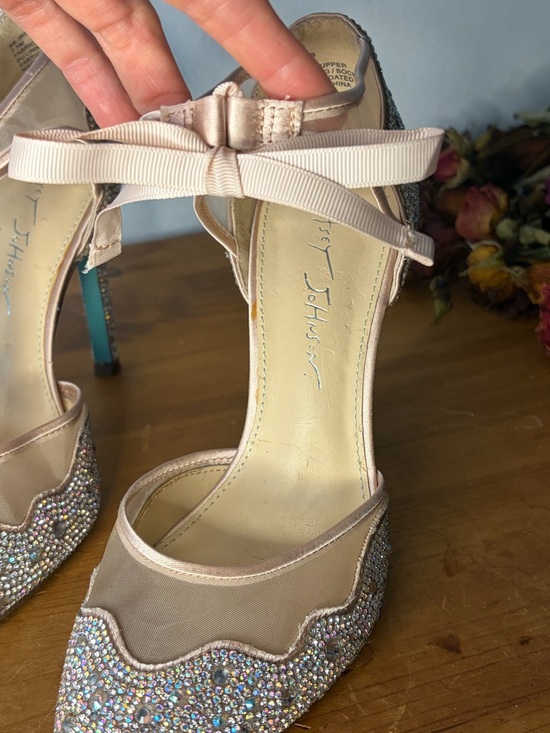 Betsey Johnson Iridescent Crystal Pointed-Toe Heels with Ankle Ribbon